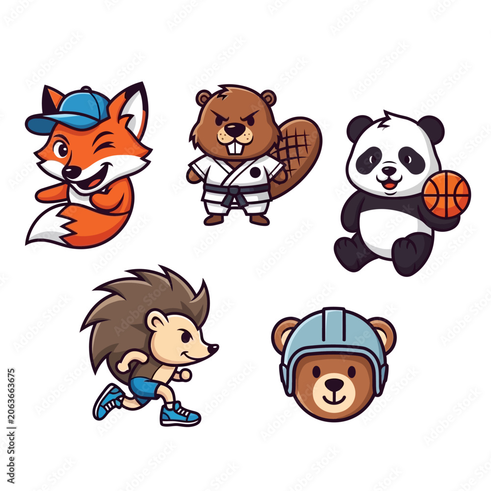 Fototapeta premium Cute Cartoon Animals Set: Fox, Beaver, Panda, Hedgehog, Bear - Sports & Fun Characters