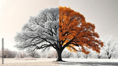 Black and White Four Seasons Tree with Artistic Light and Timeless Landscape