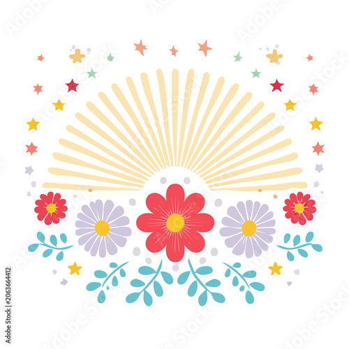 Flat design sunburst with flowers and stars