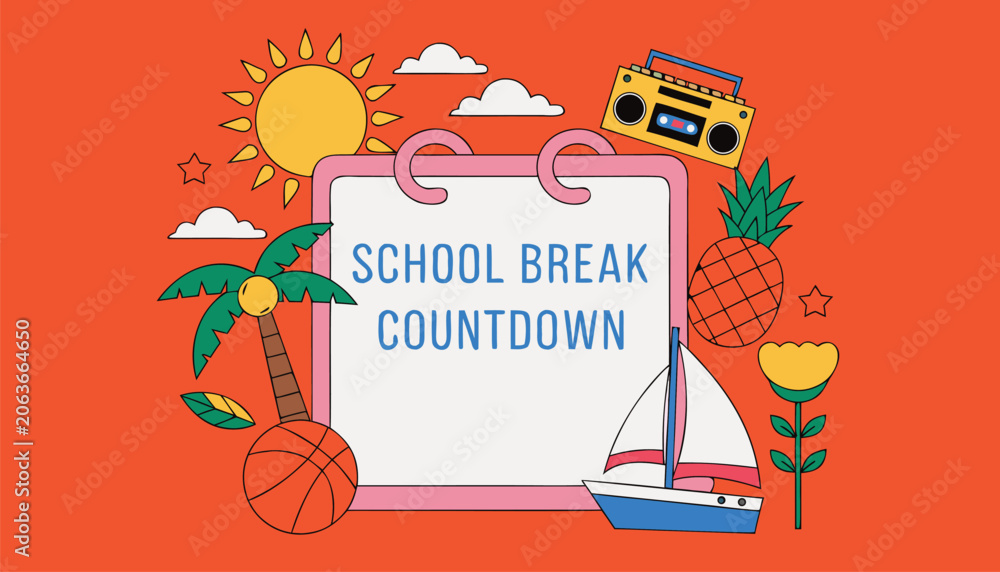 Obraz premium Colorful summer school break countdown calendar with cute tropical icons