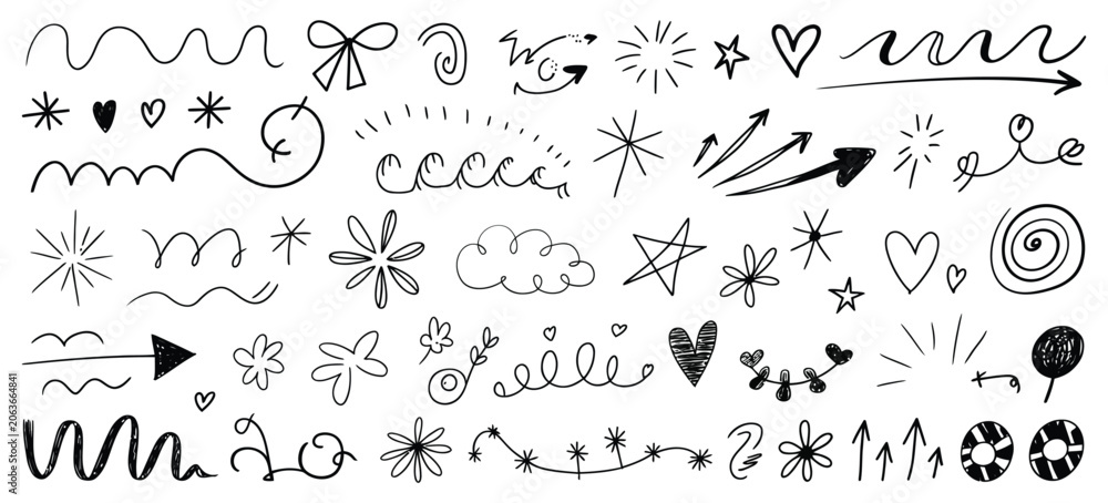 Obraz premium Kids Line Doodle Scribble Vector, Playful Hand Drawn Stars, Arrows, Flowers, Hearts, Waves, Spirals, Rainbow, and Sun Design Elements