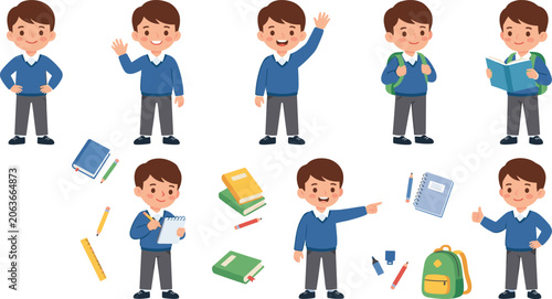 Cute School Boy Character Vector Clipart Set with Various Poses, Back to School Supplies, Books, and Backpack for Educational Designs