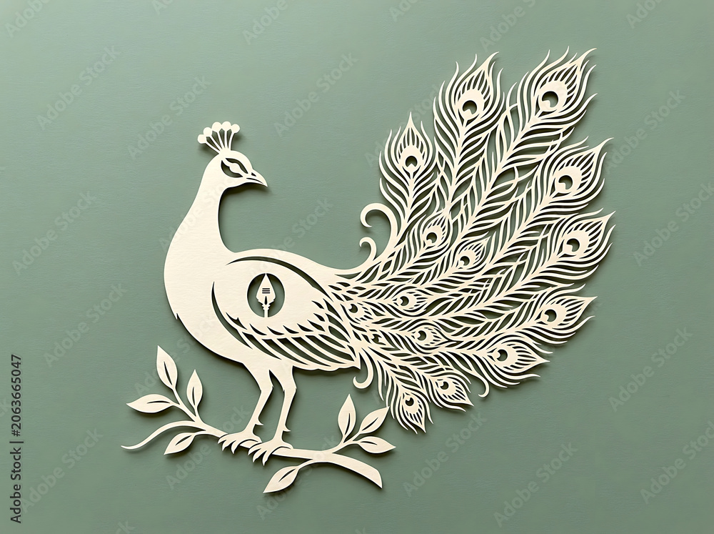 Fototapeta premium Intricate Paper Cut Peacock With Detailed Feather Pattern Against Green Background