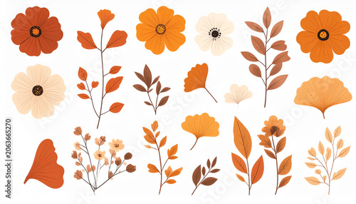 秋の花と葉の素材セット くすみカラーのイラスト集
