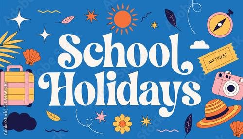 Foto Bright blue school holidays poster with colorful summer travel icons