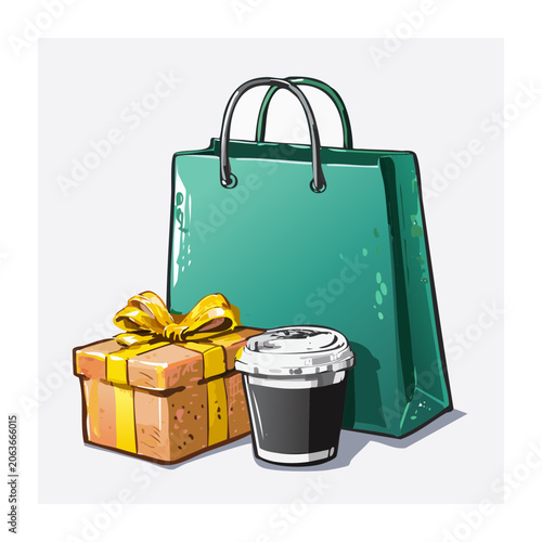 Teal shopping bag with gift box and coffee cup illustration