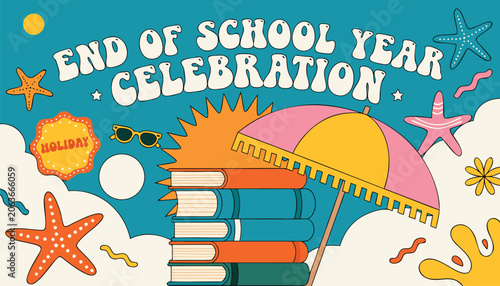 Fotografija Colorful end of school year celebration banner with summer vacation theme