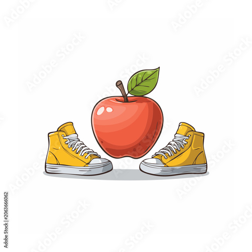 Red apple on yellow sneakers with leaf
