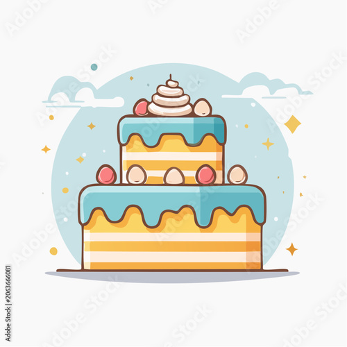 Two-Tiered Birthday Cake with Blue Icing and Berries