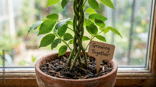 Braided money tree plant in terracotta pot, growing together sign in soil, indoor gardening and houseplant care concept