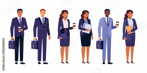 Bild auf Leinwand Diverse Businesspeople Vector Illustration With Briefcases And Coffee Cups