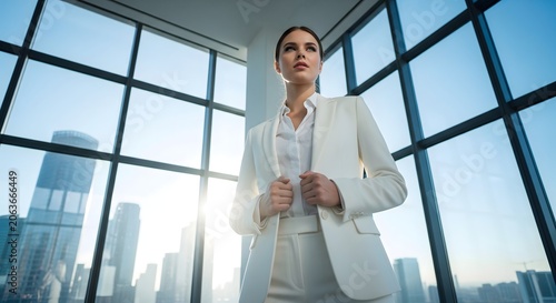 Confident young businesswoman standing in a modern office looking ahead