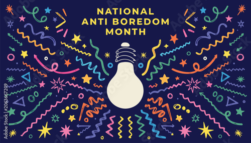 Quadro su tela National anti boredom month design with colorful lightbulb and doodles