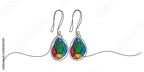 Vászonkép Pair of colorful dangle earrings with gem stones in a line art style