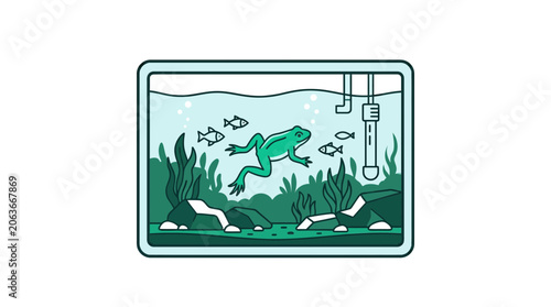 Tableau sur toile Aquarium setup illustration with green frog and fish.