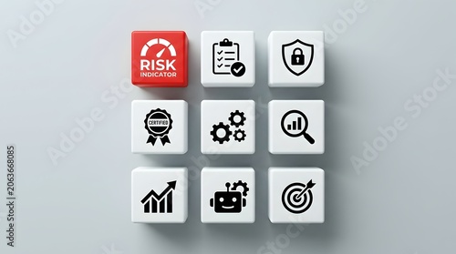 Corporate performance dashboard concept featuring risk threshold indicator alongside quality compliance and growth icons