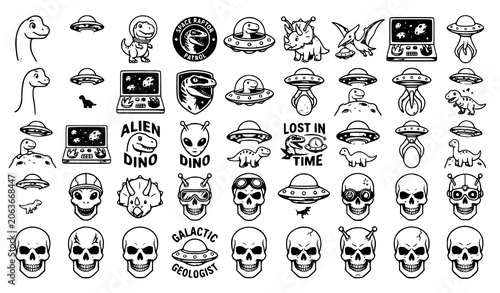 Tableau sur toile ​Large vector line art collection of sci fi dinosaur alien ufo and human skull i