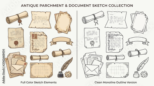Fotografía Antique Parchment and Document Sketch Collection Featuring Scrolls, Letters, Envelopes, and Writing Implements