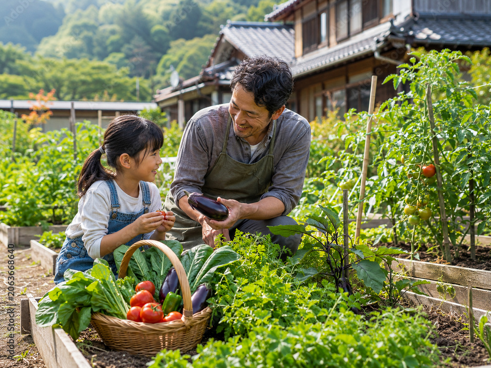 Fototapeta premium Father And Child Gardening In Rural Vegetable Field