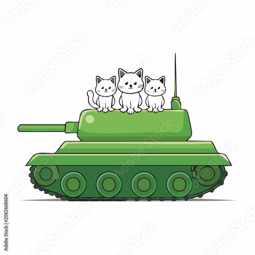 Three cute kittens sitting on a green toy tank