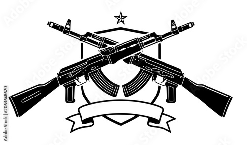 Schilderij op canvas Vector tactical military emblem with crossed automatic assault rifles and shield