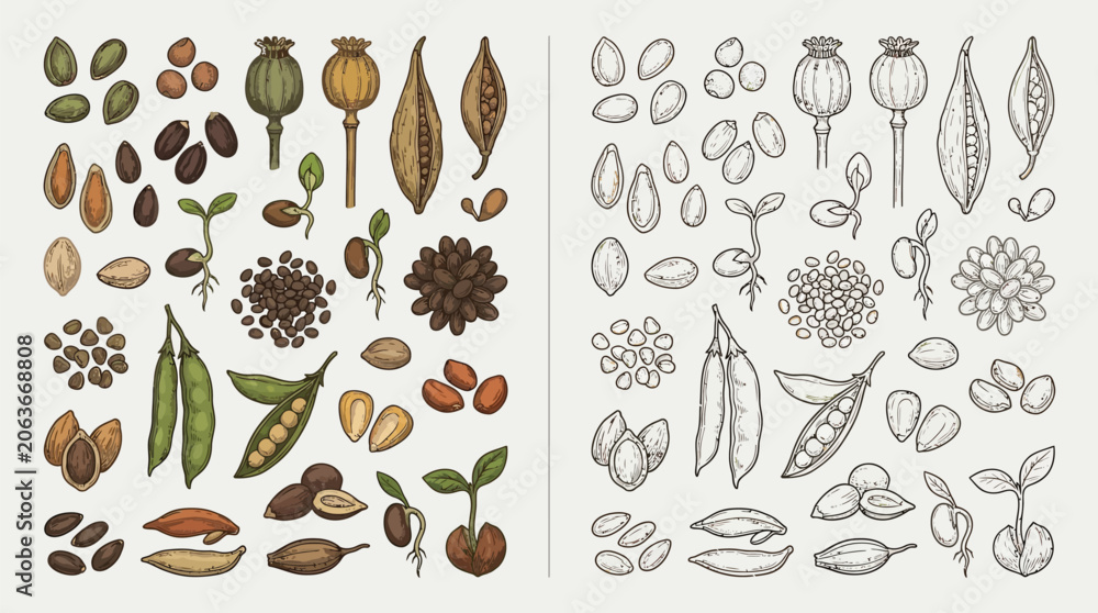 Obraz premium Collection of various seeds and sprouts, presented in both color and line art styles.
