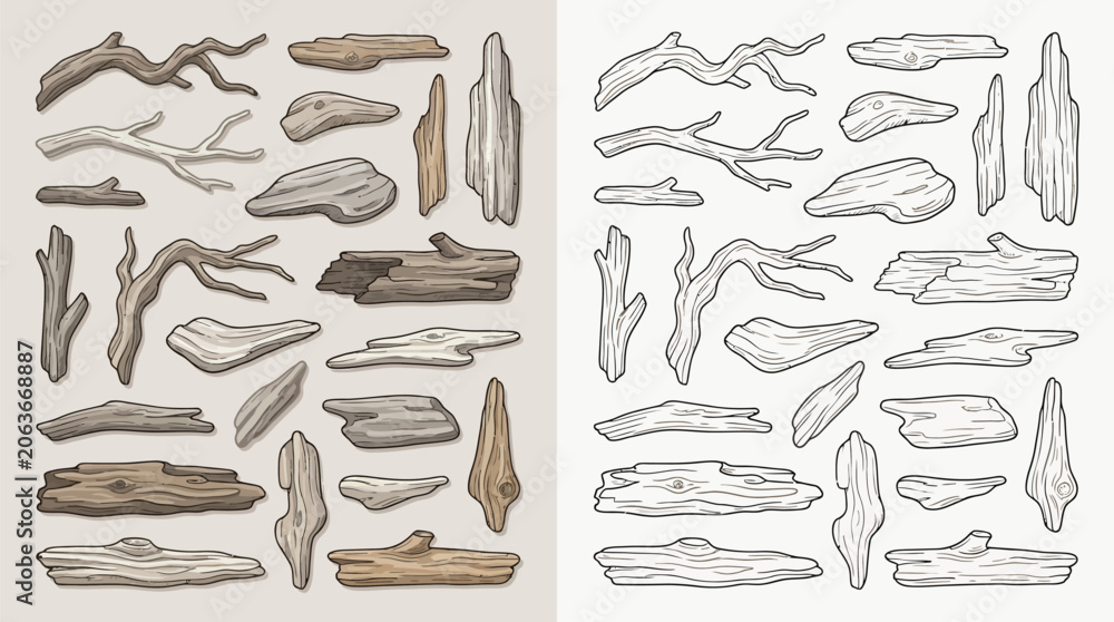 Fototapeta premium Collection of various driftwood pieces and branches in different shapes and sizes, isolated on a neutral background.