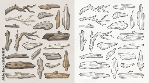 Collection of various driftwood pieces and branches in different shapes and sizes, isolated on a neutral background.