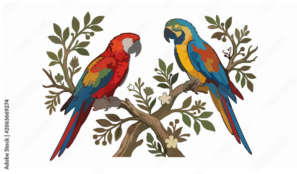 Obraz premium Beautiful vector illustration of two colorful macaw parrots perched on tree branch with green leaves on white background