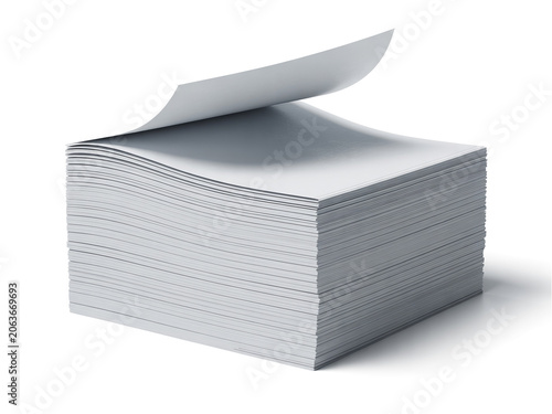 A clean stack of blank white paper sheets for office printing and document preparation isolated on a white background with a curled top page