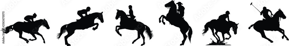 Naklejka premium Horse Riding and Polo Player Silhouette Collection with Show Jumping and Equestrian Action Poses