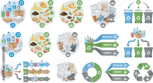 Photos Waste recycling and segregation infographic set with compost sorting bins garbag