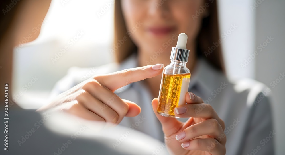 Fototapeta premium Dermatologist recommending skincare serum bottle to patient in clinic