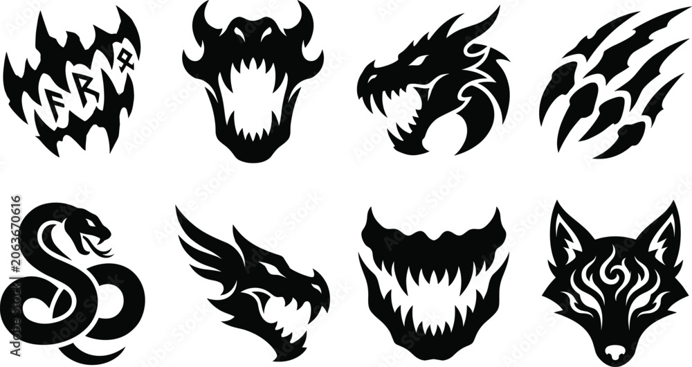 Fototapeta premium Fantasy Creature Mascot Silhouettes Set with Dragon Demon Snake and Wolf Icons