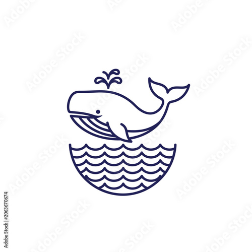 Tableau sur toile Simple line drawing of a whale jumping over stylized waves with water spouting