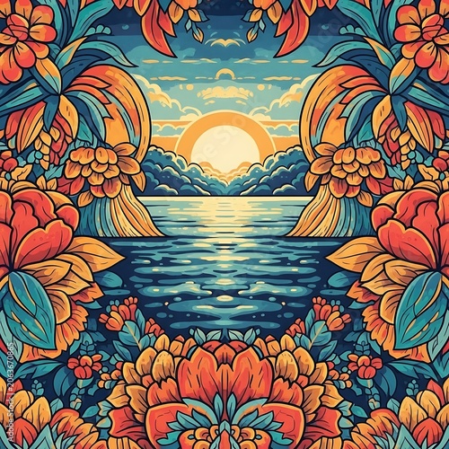 Vibrant symmetrical landscape illustration with sunset and floral frame.