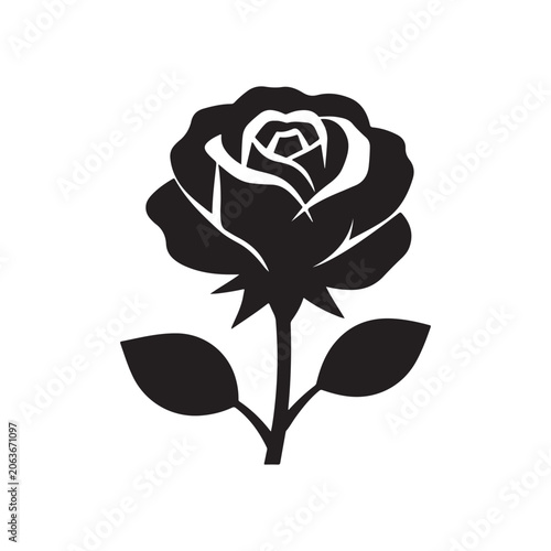 Simple black silhouette of a blooming rose flower with a stem and two leaves isolated on a white background, for floral projects