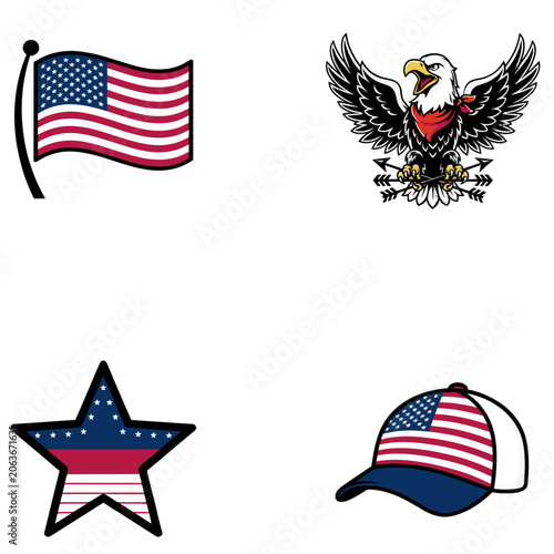 USA Patriotic Eagle Flag and American Cap Icons Vector Illustration Set on Transparent Background