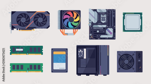 Computer hardware components are arranged on a flat surface for display purposes.