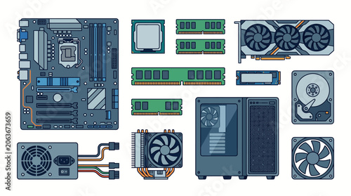 Computer hardware components are arranged on a flat surface for display and analysis purposes