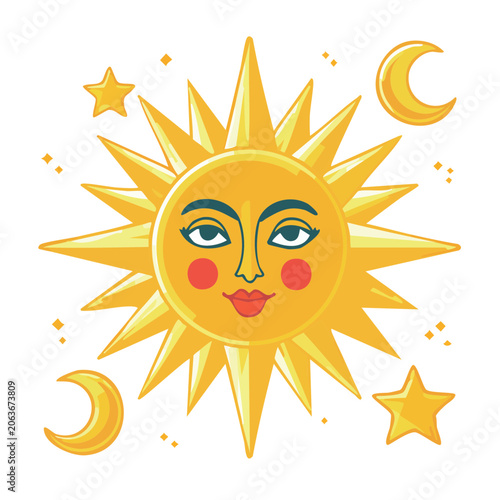 Flat design sun face with stars and moon