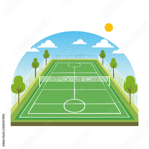 Flat design soccer field with goalpost and ball