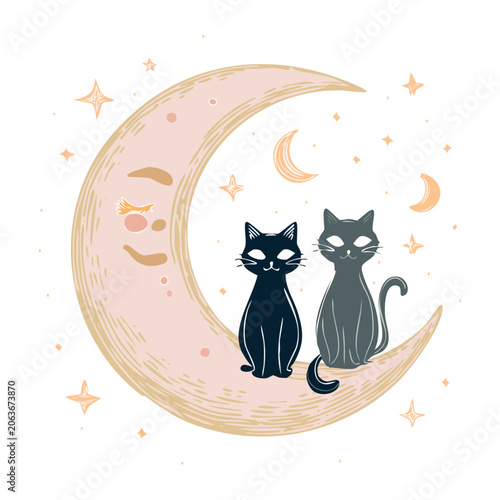 Minimalist cat silhouette with stars and moon