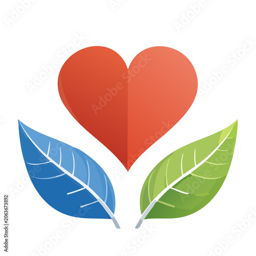 Red heart with blue and green leaves icon