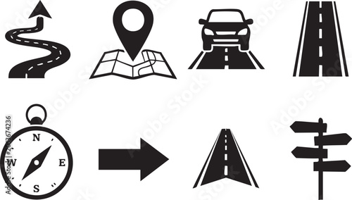 Traffic and Road Navigation Icon Set, Transportation Sign and Vehicle Glyph Vector Collection, City Traffic Management Icon Collection, Highway Infrastructure and Safety Sign Vectors