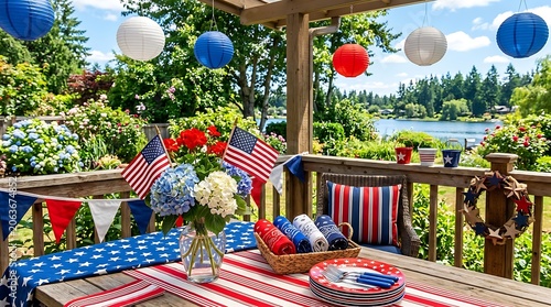 Patriotic 4th of July Table Setting on Scenic Lakefront Deck