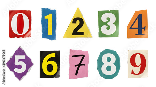 Set of colorful numbers cut out from magazines isolated on transparent background
