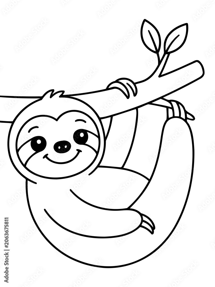 Fototapeta premium Sloth Hanging from a Tree Branch: A cute, simple outline illustration of a sloth with a happy face hanging from a tree branch, perfect for coloring pages and children's themes.