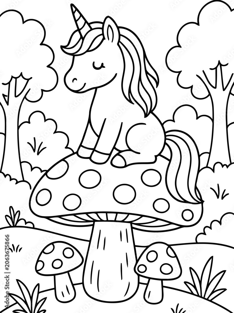 Fototapeta premium Cute Unicorn on Mushroom Coloring Page: A whimsical unicorn with a spiral horn sits atop a polka-dotted mushroom, surrounded by playful trees and smaller toadstools.