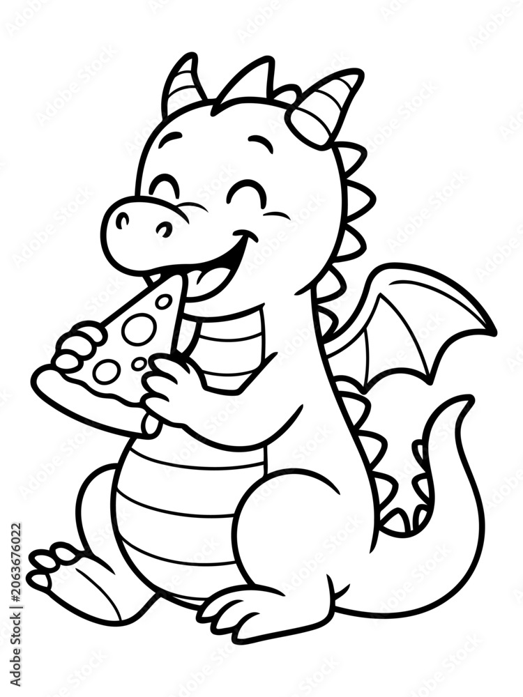 Fototapeta premium Charming Dragon Enjoying Pizza: A cute, cartoon dragon with happy eyes and small wings joyfully eats a slice of pizza, bringing a whimsical touch to food-themed art.